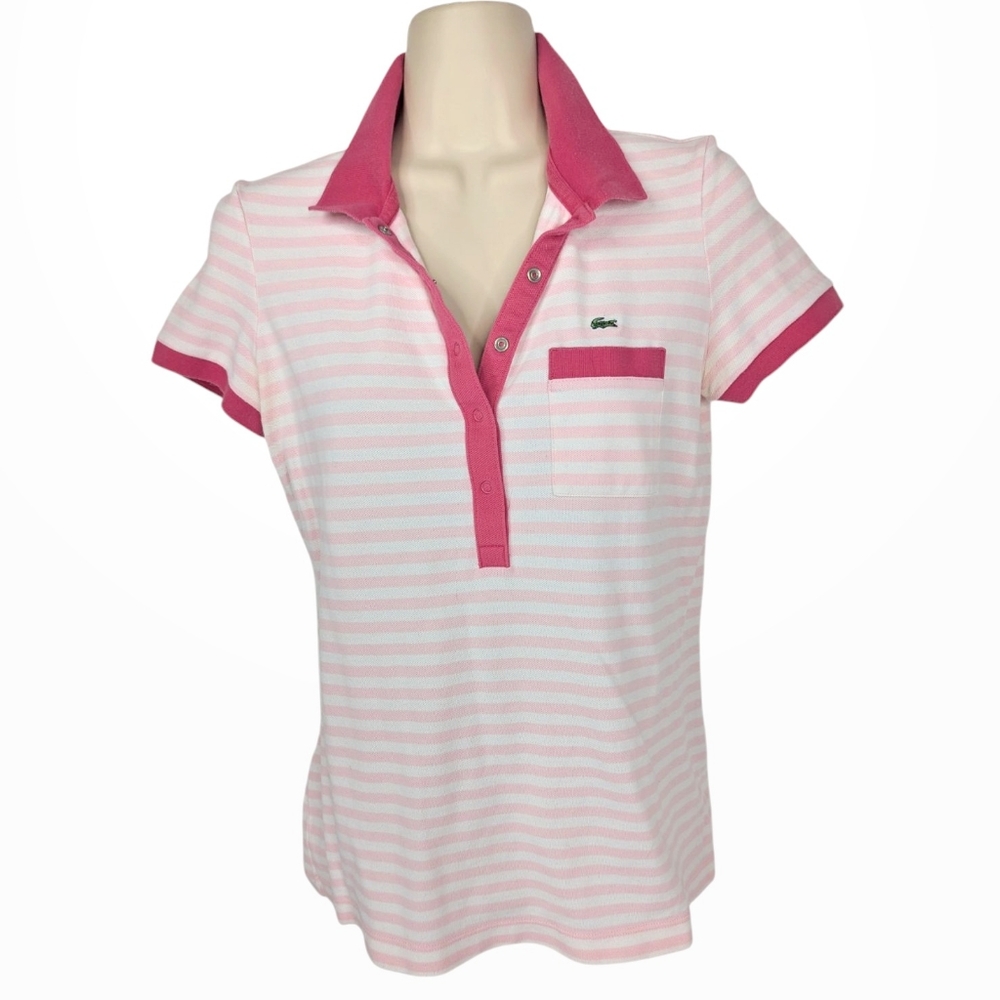 LACOSTE Pink and White Striped Polo Shirt Sz 38